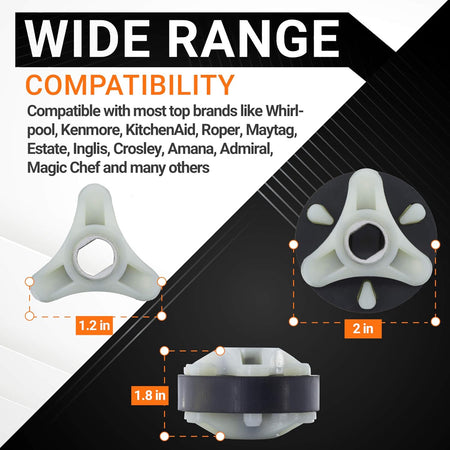 285753A washer motor coupling showing dimensions and compatibility for Whirlpool and Kenmore washing machines.