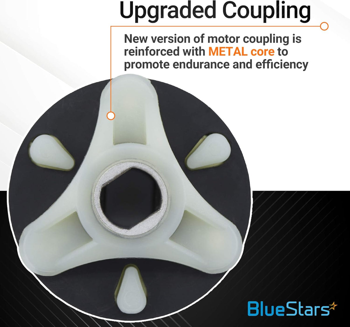 Close-up of 285753A washer motor coupling with reinforced metal core for Whirlpool and Kenmore washing machines.