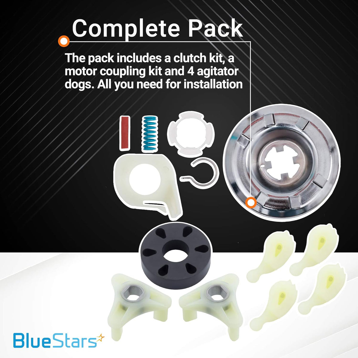 Complete washer repair kit with clutch assembly, motor coupling, and agitator dogs for Whirlpool and Kenmore washers.