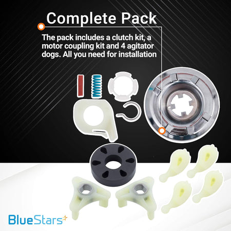 Complete washer repair kit with clutch assembly, motor coupling, and agitator dogs for Whirlpool and Kenmore washers.