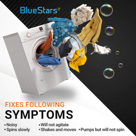 BlueStars washing machine repair kit infographic showing common symptoms like noisy operation and failure to spin.