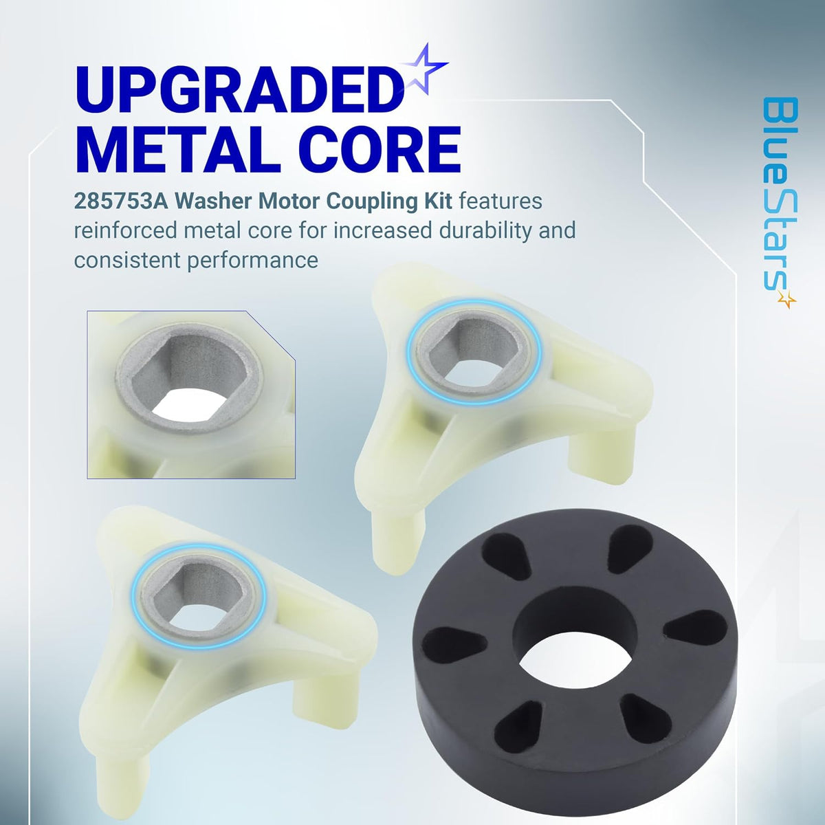 285753A Motor Coupling Kit with upgraded metal core, showing two white couplings and a black rubber connector