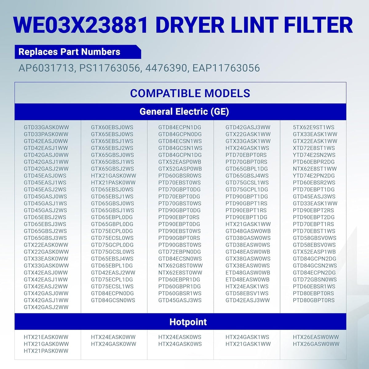 Compatibility chart for WE03X23881 dryer lint filter listing compatible GE and Hotpoint dryer models.