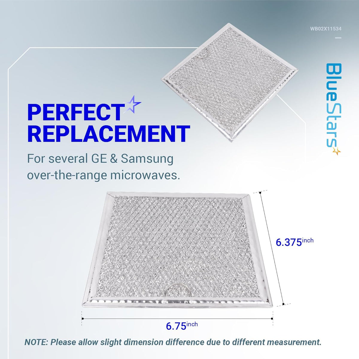 Two WB02X11534 microwave grease filters with dimensions labeled for GE and Samsung over-the-range ovens.
