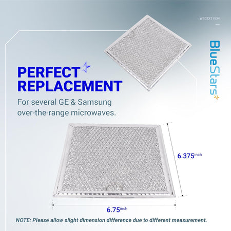 Two WB02X11534 microwave grease filters with dimensions labeled for GE and Samsung over-the-range ovens.