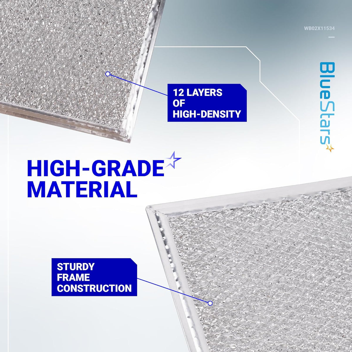 Infographic showing WB02X11534 microwave grease filter construction with 12 layers and sturdy frame.
