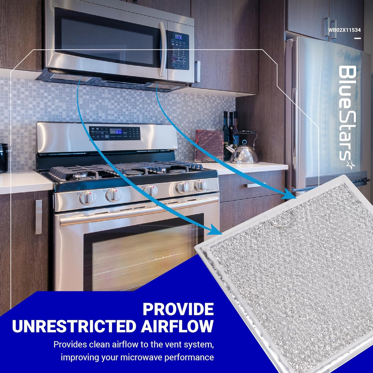WB02X11534 microwave grease filter showing installation location under an over-the-range microwave oven.
