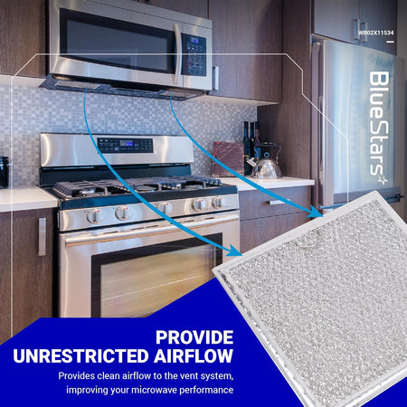 WB02X11534 microwave grease filter showing installation location under an over-the-range microwave oven.