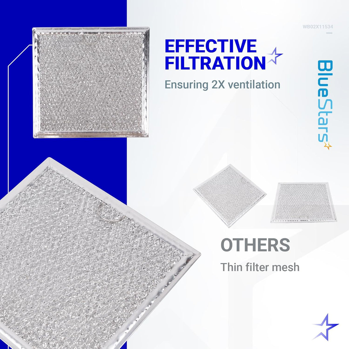 Comparison graphic showing WB02X11534 microwave grease filter mesh quality versus thin competitor filters.