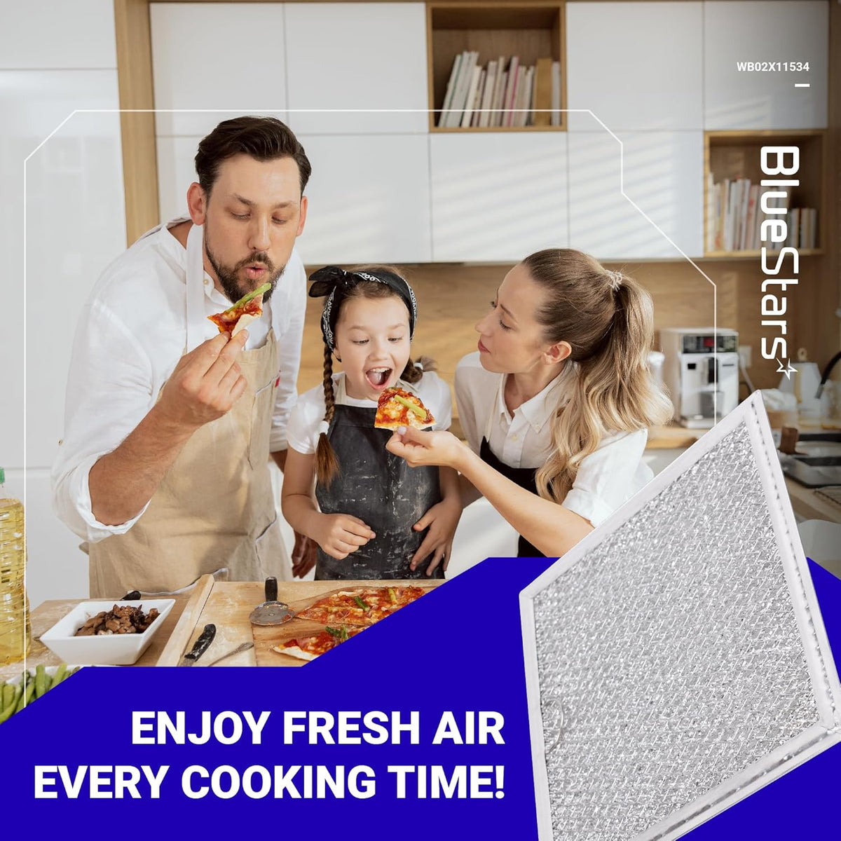 WB02X11534 microwave grease filter replacement for GE and Samsung ovens shown in a lifestyle product advertisement.