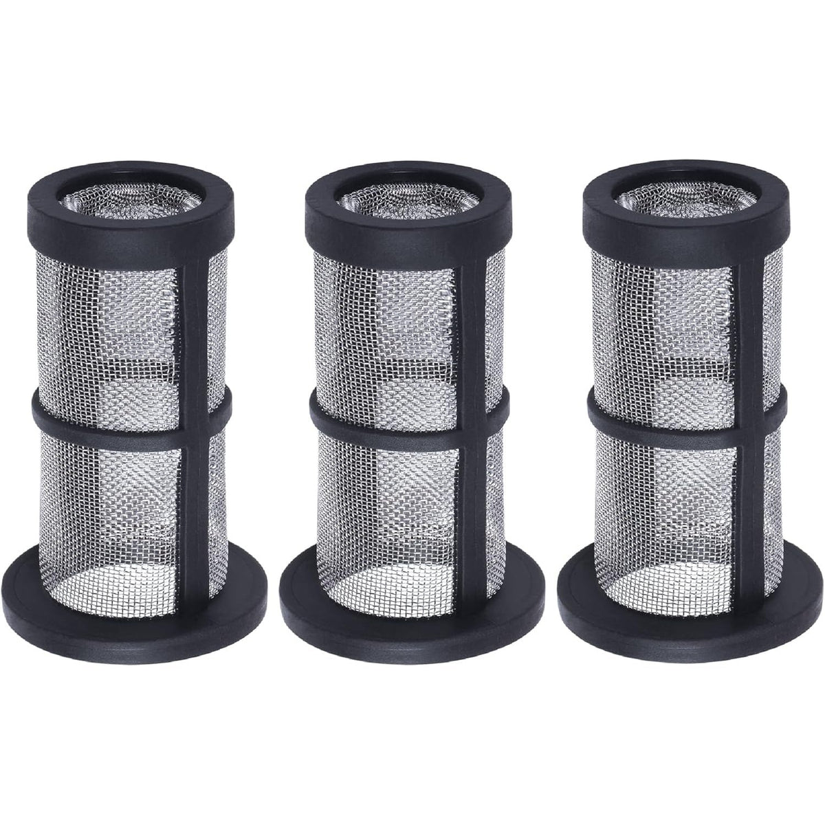 Three 48-222 in-line filter screens with black plastic frames and fine stainless steel mesh.
