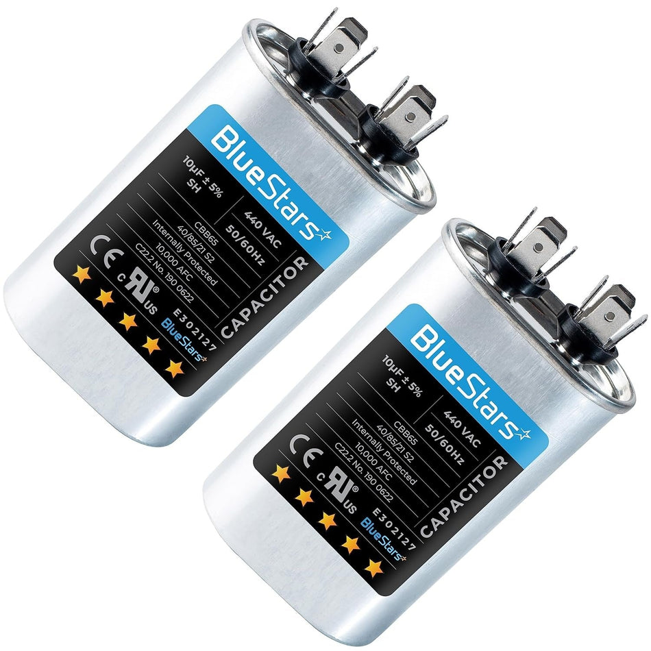 Two 10uF 440VAC CBB65 oval run start capacitors for AC unit fan motors and pool pumps.