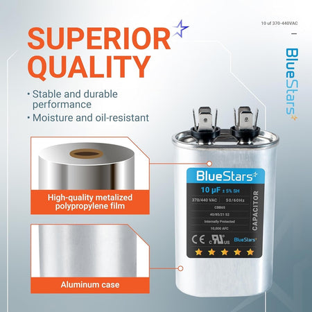 Infographic showing 10uF 370/440VAC CBB65 run capacitor features including metalized film and aluminum case construction.
