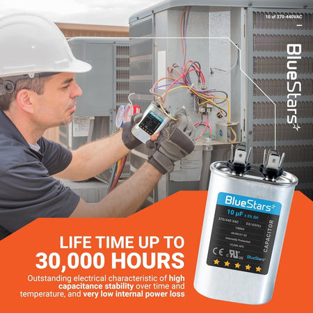 Technician installing a 10 uF CBB65 oval run start capacitor in an AC unit.