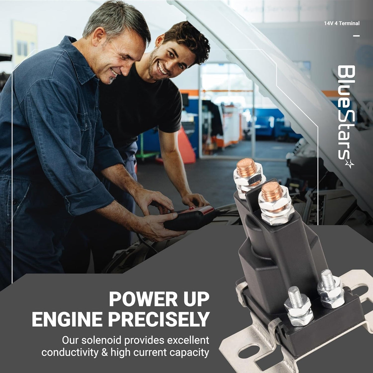 14V 4-terminal golf cart solenoid shown in a promotional graphic with mechanics working on an engine.