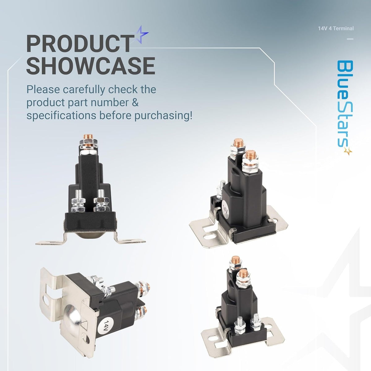 Multi-angle view of a 14V 4-terminal golf cart solenoid with mounting bracket.
