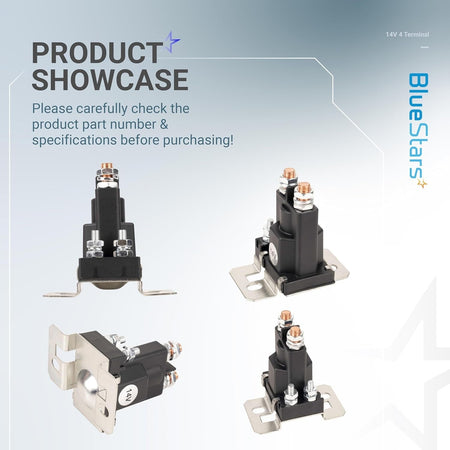 Multi-angle view of a 14V 4-terminal golf cart solenoid with mounting bracket.