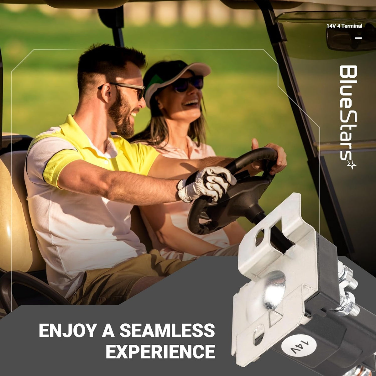 14V 4-terminal golf cart solenoid lifestyle graphic with a couple driving a golf cart.