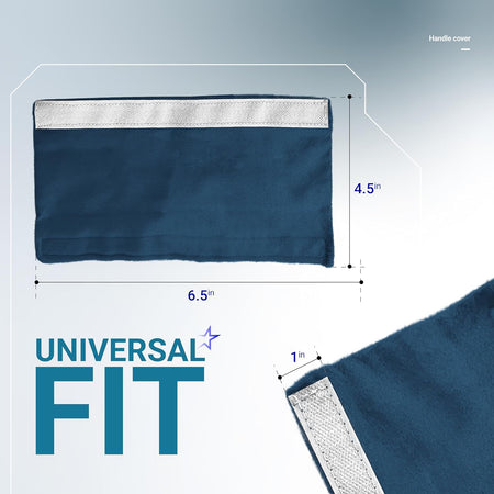 Blue microwave door handle cover showing 6.5 by 4.5 inch dimensions and universal fit design.