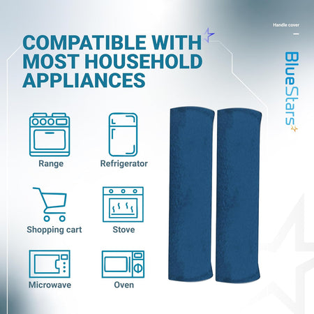 Blue microwave door handle covers shown with compatibility icons for kitchen appliances.