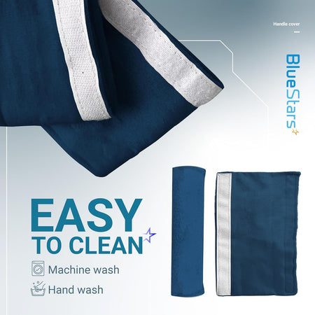 Blue microwave door handle covers with velcro strips, shown as machine washable kitchen appliance protectors.