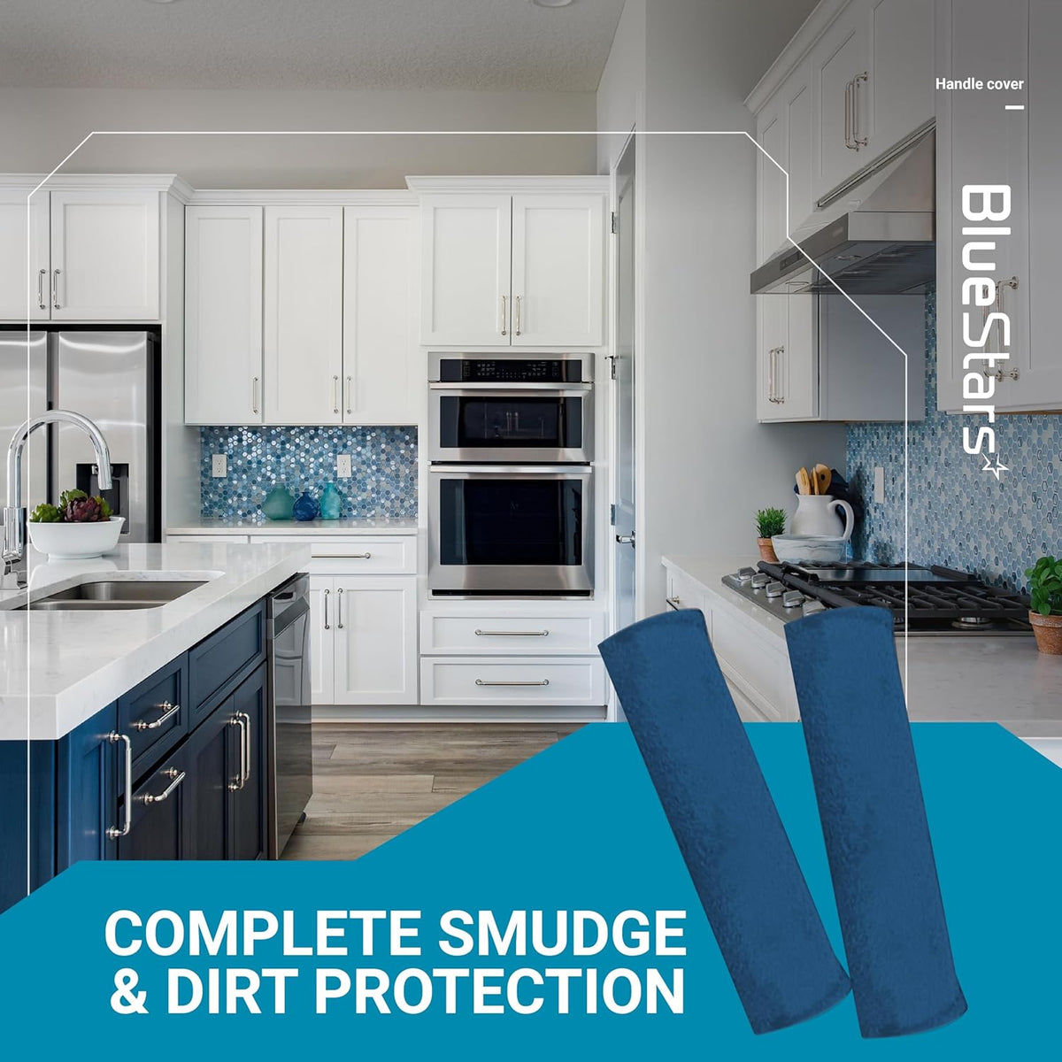 Two blue microwave door handle covers displayed over a modern kitchen background.