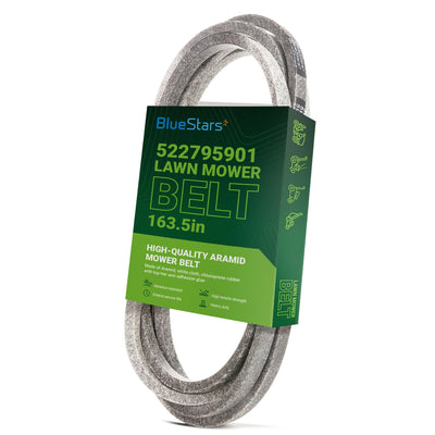 522795901 replacement deck belt for lawn mowers in BlueStars branded packaging, 5/8 inch by 163.5 inch.