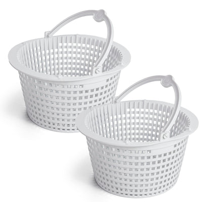 Two white SPX1091C replacement skimmer baskets with handles for Hayward and Pentair pool filters.