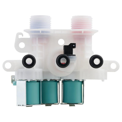 Washer water inlet valve replacement for Whirlpool and Kenmore washing machines with three teal solenoid coils.