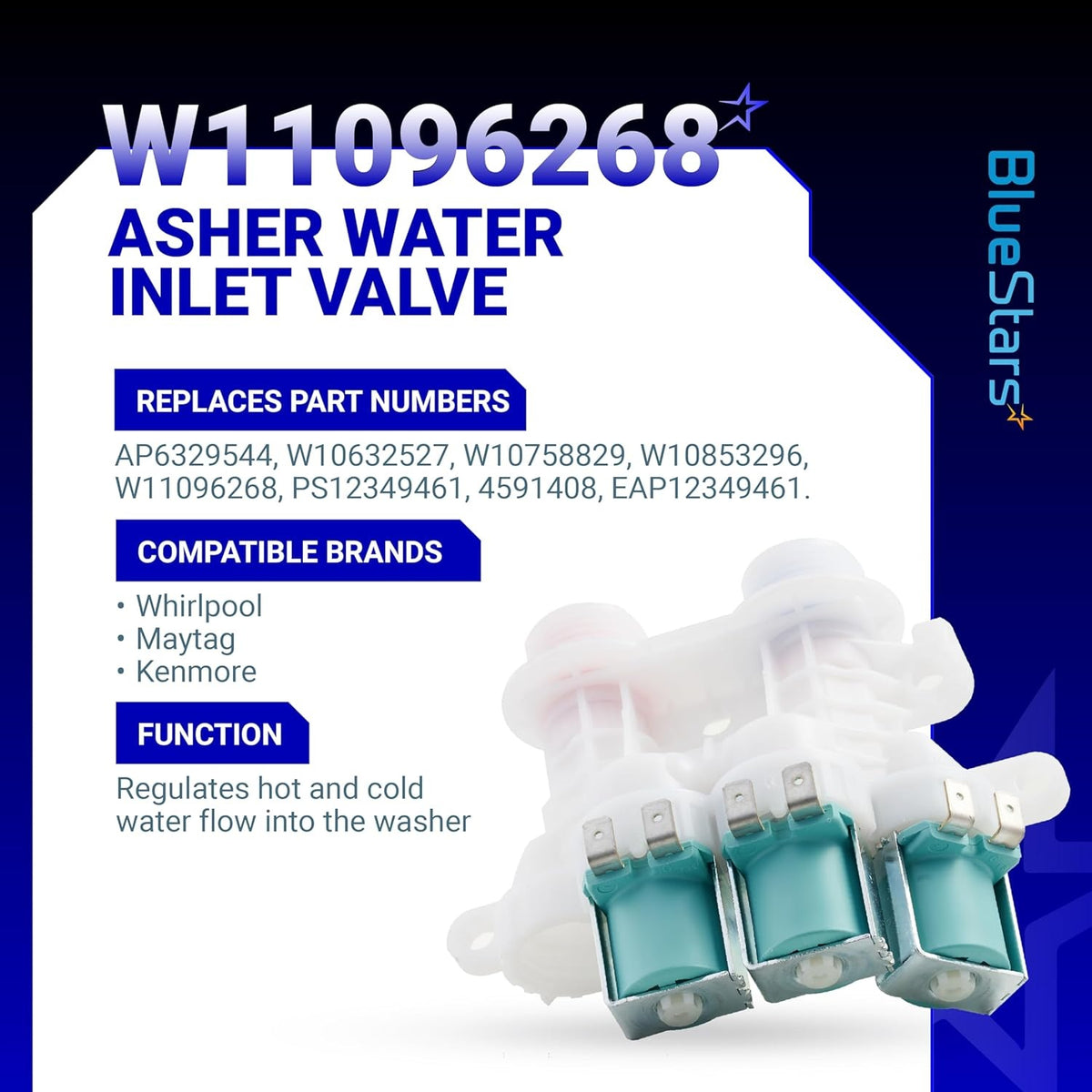 W11096268 washer water inlet valve for Whirlpool and Kenmore washing machines shown on an informational product graphic.