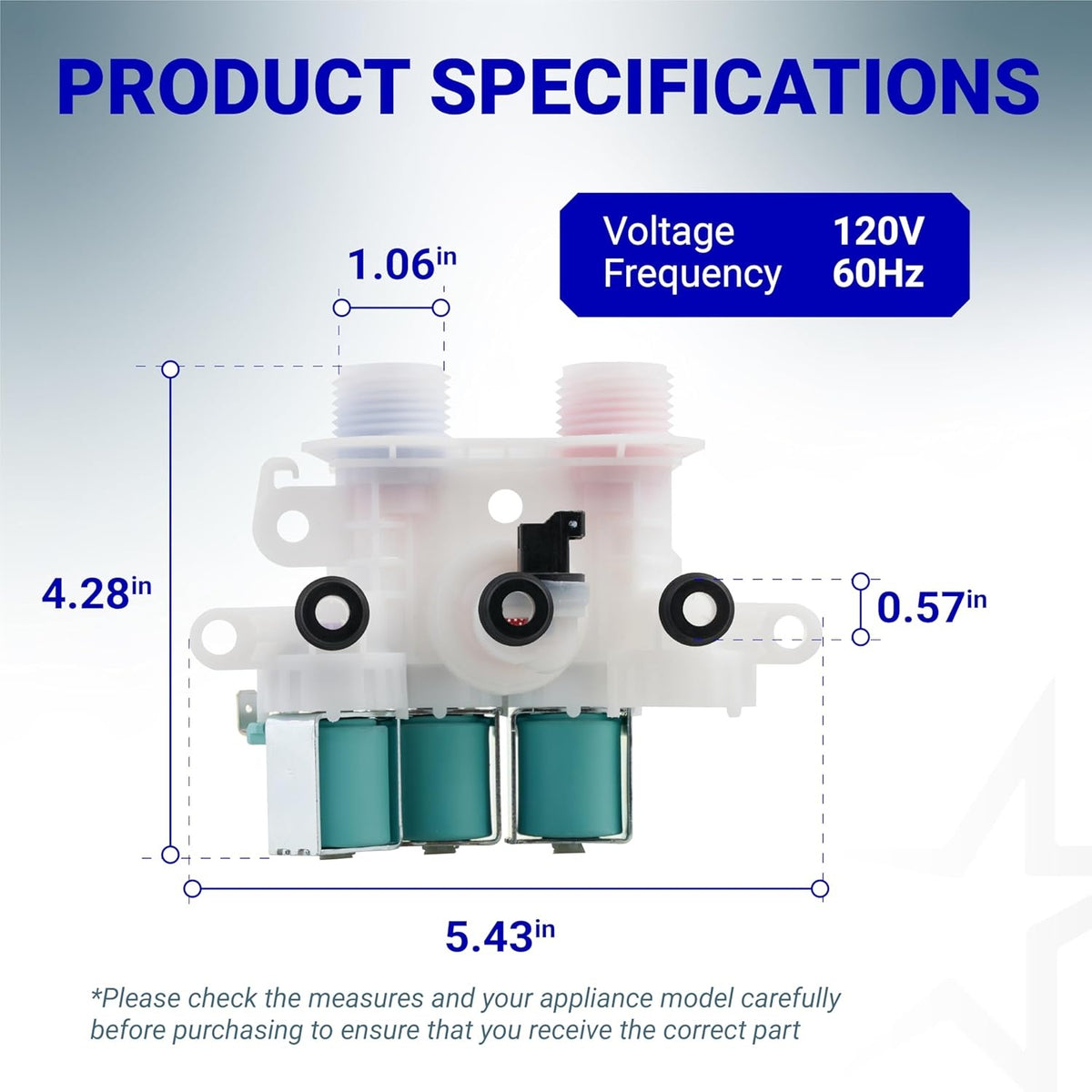 Dimensional diagram of W11096268 washer water inlet valve showing 120V 60Hz specifications and component measurements.