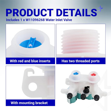 W11096268 washer water inlet valve detail collage showing threaded ports, red and blue inserts, and mounting bracket.