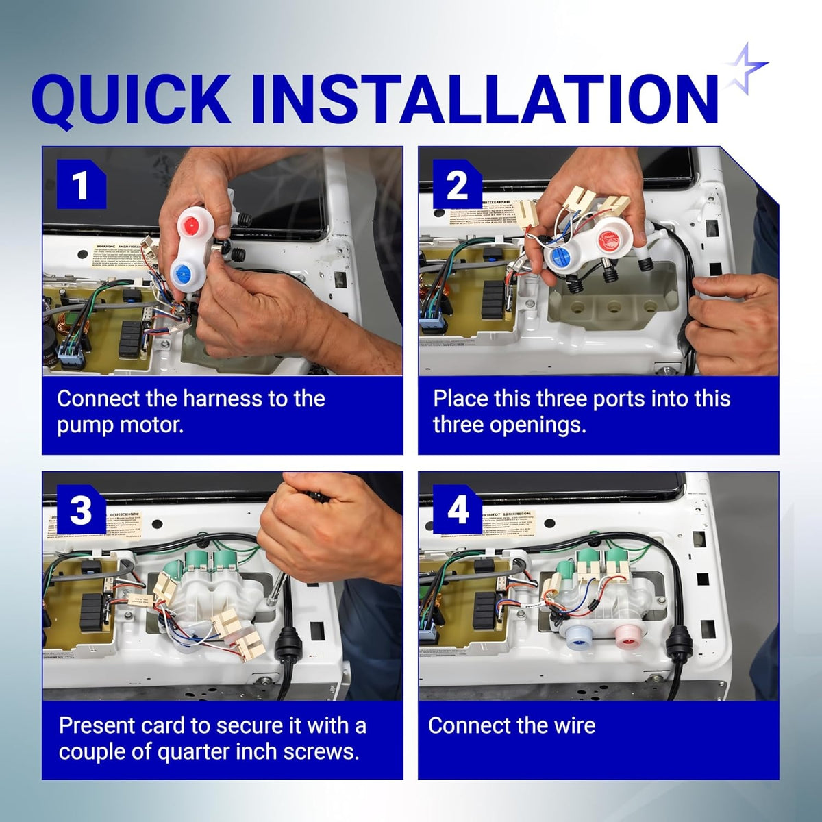Four-step installation guide for Whirlpool and Kenmore washer water inlet valve replacement.