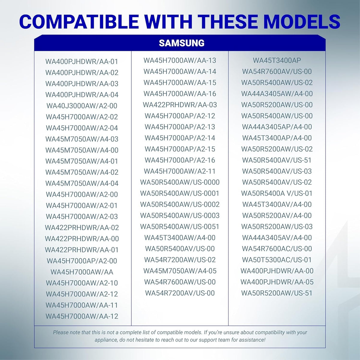 Compatibility chart listing Samsung washer model numbers for W11096268 water inlet valve replacement.