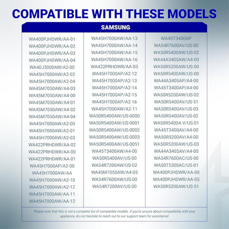 Compatibility chart listing Samsung washer model numbers for W11096268 water inlet valve replacement.