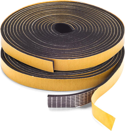 Roll of black adhesive foam weatherstripping tape for doors and windows with yellow peel-off backing.