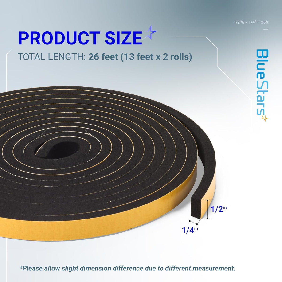Roll of adhesive foam weather stripping tape showing 1/2 inch width and 1/4 inch thickness dimensions.