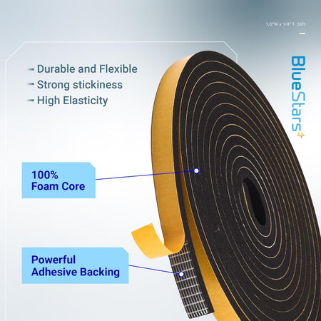 Roll of adhesive door and window foam tape with foam core and adhesive backing details.