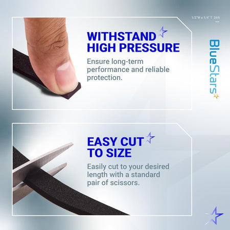 Infographic showing adhesive foam tape being pressed by a finger and cut with scissors for custom sizing.
