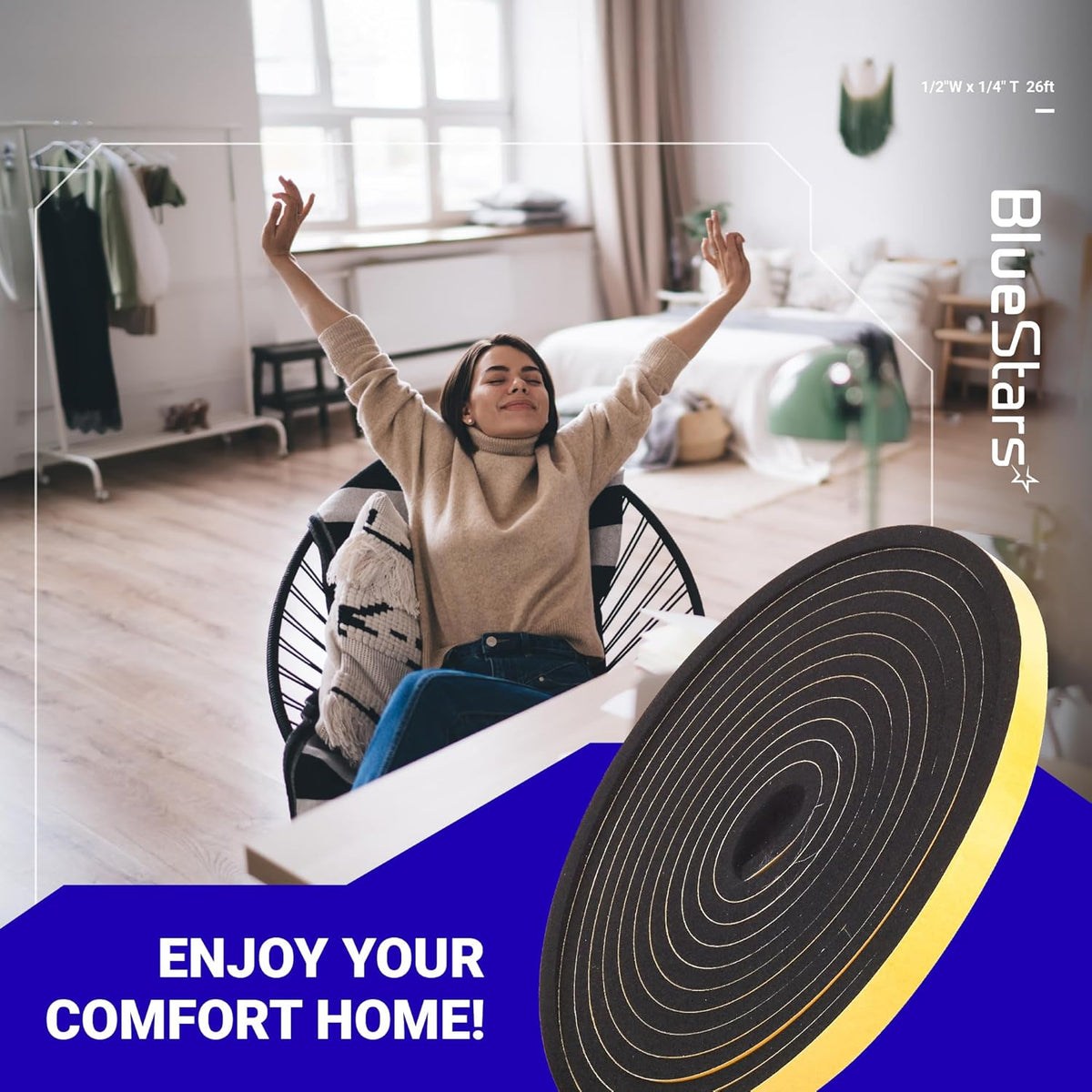 Roll of adhesive foam weatherstripping tape for doors and windows in a comfortable home setting.