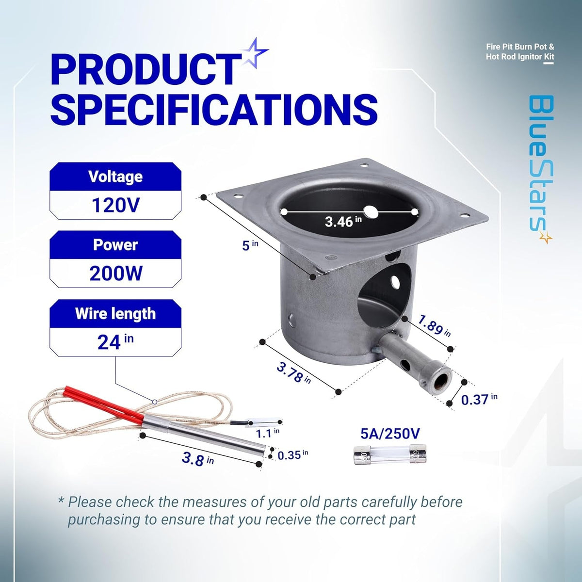 Stainless steel fire burn pot and hot rod ignitor kit with detailed dimensional specifications and fuse.