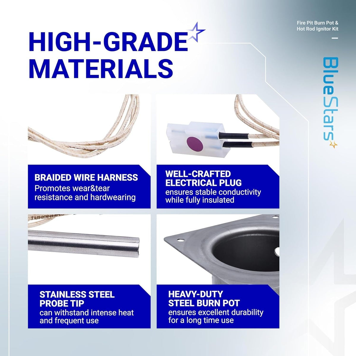 Infographic showing high-grade materials for fire burn pot and hot rod ignitor kit components.