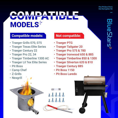 Compatibility chart for stainless steel fire burn pot and hot rod ignitor kit showing compatible and excluded grill models.