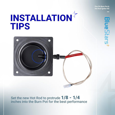 Installation guide showing hot rod ignitor placement inside the stainless steel fire burn pot.