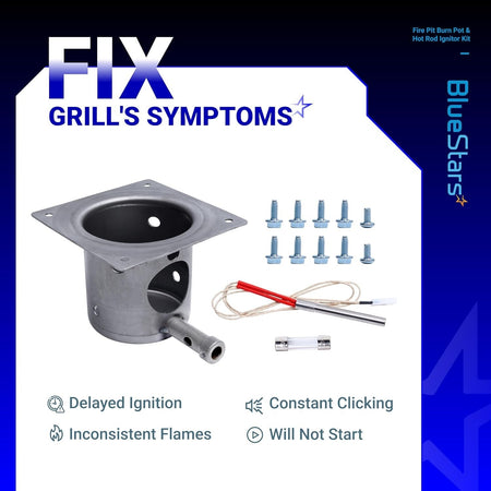 Stainless steel fire burn pot and hot rod ignitor kit with mounting screws and fuse for grill repair.