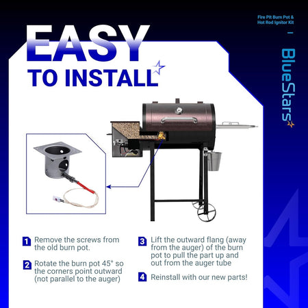 Installation guide showing stainless steel fire burn pot and hot rod ignitor kit placement in a pellet grill.