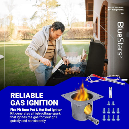 Stainless steel fire burn pot and hot rod ignitor kit with mounting hardware for grill gas ignition.