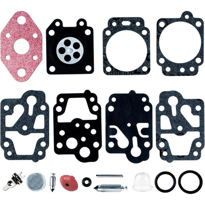 K20-WYL carburetor rebuild kit components including gaskets, diaphragms, primer bulb, and small metal hardware.