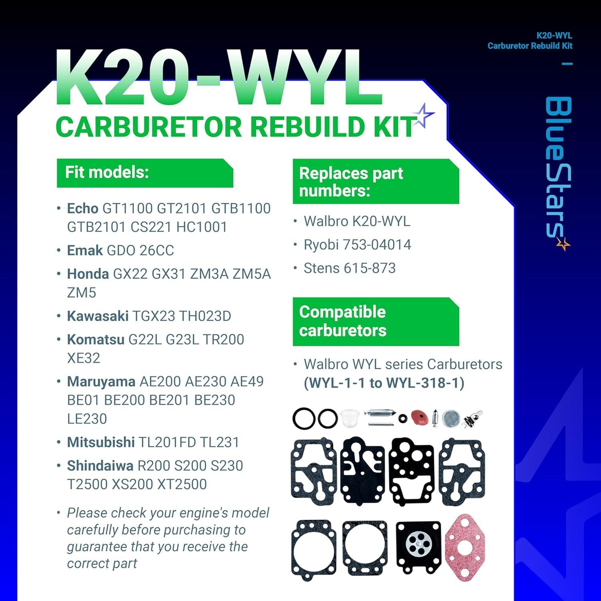 K20-WYL carburetor rebuild kit information chart with compatibility list and replacement part numbers.