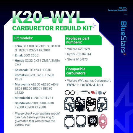 K20-WYL carburetor rebuild kit information chart with compatibility list and replacement part numbers.